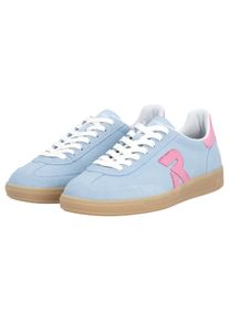 Sneaker Rieker "San Diego Swing2GO", Damen, Gr. 44, Synthetik Textil, blau (hellblau, rosa), Veloursleder, unifarben mit Farbeinsatz, Schuhe Sneaker, Retro-Sneaker, Freizeitschuh, Halbschuh mit herausnehmbarem Fu&szlig;bett