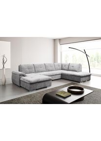 Wohnlandschaft WERK2 "Arena 339 x 220 cm mit Bett & Bettkasten, wahlw. mit 2 Kopfst&uuml;tzen", grau, B:339cm H:97cm T:220cm, 100% Polyester, Sofas, Wohnlandschaft, U-Form, XXL, Schlaffunktion, Bettkasten