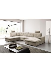 Wohnlandschaft WERK2 "Arena 339 x 220 cm mit Bett & Bettkasten, wahlw. mit 2 Kopfst&uuml;tzen", beige, B:339cm H:102cm T:220cm, 100% Polyester, Sofas, Wohnlandschaft, U-Form, XXL, Schlaffunktion, Bettkasten