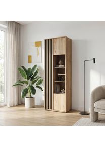 Vitrine FORTE "Forte Arank Vitrine 200, Glast&uuml;re, Beleuchtung optional bestellbar", braun (mauvella eiche, schwarz), B:63,4cm H:200,1cm T:41,7cm, Holzwerkstoff, Schr&auml;nke, Vitrine, B/H/T 63,4/200,1/41,7 cm Lamellenoptik