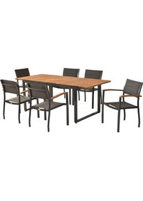 Garten-Essgruppe MERXX "Paxos", braun (graphit, grau, graphit), B:52cm H:61cm T:84cm, Aluminium, FSC-zertifiziertes teilmassives Holz, Polyester, Sitzm&ouml;bel-Sets, Garten-Essgruppe, inkl. 6 Stapelsessel, 1 Ausziehtisch