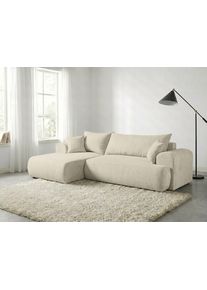 Ecksofa WERK2 "Ewela 265 x 145 cm organisches Design & Komfort, mit Bett & Bettkasten", natur, B:265cm H:100cm T:145cm, 100% Polyester, Sofas, Ecksofa, Boucl&eacute;, L-Form, Schlaffunktion, Bettkasten