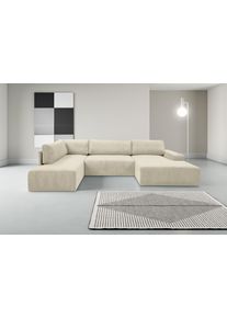 Wohnlandschaft WERK2 "Rotterdam 325 x 190 cm mit Bett und Bettkasten, bequem, viel Platz", beige (natur), B:325cm H:85cm T:190cm, 90% Polyester, 10% Nylon, Sofas, Wohnlandschaft, Cord, U-Form, XXL, Schlaffunktion, Bettkasten