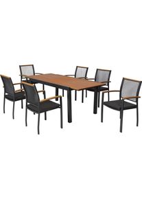 Garten-Essgruppe MERXX "Itanos", braun (graphit, graphit, graphit), B:61cm H:91cm T:56cm, Aluminium, Kunststoff, Sitzm&ouml;bel-Sets, Garten-Essgruppe, inkl. 6 Stapelsessel. 6 Auflagen, 1 Ausziehtisch