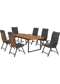 Garten-Essgruppe MERXX "Santorin", braun (natur, natur, graphit), B:56cm H:109cm T:62cm, Aluminium, FSC-zertifiziertes teilmassives Holz, Sitzm&ouml;bel-Sets, Garten-Essgruppe, inkl. 6 Klappsessel, 6 Auflagen, 1 Ausziehtisch