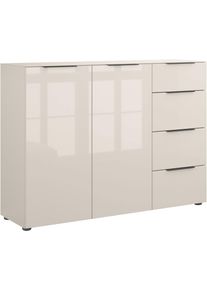 Highboard MANJANA M&Ouml;BEL "mit Chrom oder Schwarz matten Metallgriffen & Glasfront, Soft-Close", cashmere matt, glas cashmere, metall schwarz matt, B:135cm H:98,7cm T:40cm, Glas, Holzwerkstoff, Metall, Sicherheitsglas ESG, Sideboards, Highboard, Glasfront, mit Vollauszug, Softclose, B: 90cm oder 135cm