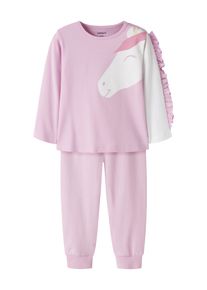 Schlafanzug name it "NMFRETEQ NIGHT SET", M&auml;dchen, Gr. 98, full blooming pink, Jersey, Obermaterial: 95% Baumwolle, 5% Elasthan, bedruckt, Rundhals, Homewear-Sets Schlafanzug, Baumwollmischung, R&uuml;schen