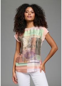 Shirtbluse Laura Scott, Damen, Gr. 38, bunt (orange, rosa, gemustert), Satin, Obermaterial: 100% Polyester. R&uuml;ckenteil: 95% Viskose, 5% Elasthan, gemustert, figurumspielend h&uuml;ftlang, Rundhals, angeschnitten, Blusen Shirtbluse, Kurzarm, U-Boot-Ausschnitt, Materialmix aus Satin und Jersey