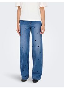 High-waist-Jeans Only "ONLMADISON-ROYAL HEART HW WIDE DNM GUA", Damen, Gr. XL (42), L&auml;nge 32, blau (medium blau denim detail:emb), Denim/Jeans, Obermaterial: 69% Baumwolle, 29% Polyester, 2% Elasthan, lang, Jeans High-waist-Jeans, Materialmix, wide fit, high waist, allover Stickerei