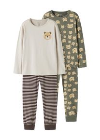 Schlafanzug name it "NMMNIGHTSET 2P AOP NOOS", Jungen, Gr. 86/92, braun (dusty olive), Jersey, Obermaterial: 95% Baumwolle, 5% Elasthan, bedruckt, geringelt, gestreift, unifarben, Basic lang, Rundhals, Homewear-Sets Schlafanzug, Topseller