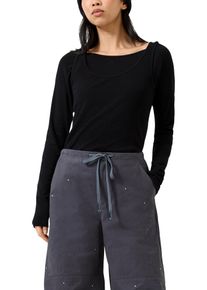 Langarmshirt QS, Damen, Gr. S, schwarz, Rip Jersey, Obermaterial: 93% Baumwolle, 7% Elasthan, unifarben, k&ouml;rpernah h&uuml;ftbedeckend, U-Boot-Ausschnitt, abgesteppte Kante, Shirts Langarmshirt, im Doppellayer-Look / Stretch