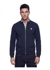 Sweatjacke Guess "FULL ZIP-UP TRUCKER", Herren, Gr. S, blau (smart blau), Sweatware, Obermaterial: 64% Baumwolle, 36% Polyester, unifarben, regular fit normal, hoch geschlossener Ausschnitt, B&uuml;ndchen, Sweatjacken Sweatjacke, Stehkragen mit Guess-Schriftzug, K&auml;ngurutasche