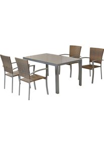 Garten-Essgruppe Merxx "Savona", braun (naturgrau, naturgrau, silber), B:57cm H:94cm T:56cm, Aluminium, Kunststoff, Sitzm&ouml;bel-Sets, Garten-Essgruppe, inkl. 4 Stapelsessel, 1 Tisch