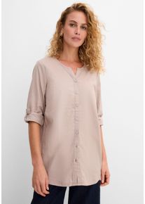 Langarmbluse bonprix "Bluse mit Leinen, 3/4 Arm", Damen, Gr. 44, grau (naturstein), Obermaterial: 55% Leinen, 45% Baumwolle, regular fit, Blusen Langarmbluse, Regular Fit, f&uuml;r den Alltag, aus Leinen und Baumwolle