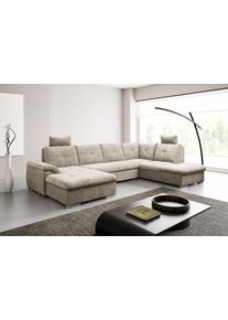 Wohnlandschaft WERK2 "Arena 339 x 220 cm mit Bett & Bettkasten, wahlw. mit 2 Kopfst&uuml;tzen", beige, B:339cm H:102cm T:220cm, 100% Polyester, Sofas, Wohnlandschaft, U-Form, XXL, Schlaffunktion, Bettkasten