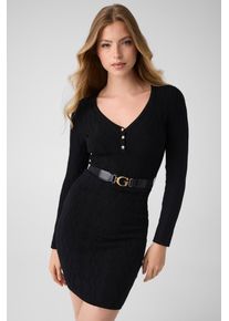 Strickkleid Guess "LS YUKI CABLEBODYCON DRESS", Damen, Gr. S, N-Gr, Langarm, Strick, jet schwarz a996, Strick, Obermaterial: 89% Viskose, 10% Polyamid, 1% Elasthan, unifarben, figurbetont mini, V-Ausschnitt, Kleider Strickkleid, mit Tailleng&uuml;rtel, figurbetont