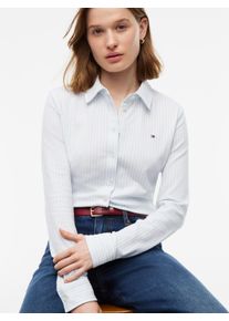 Langarmbluse Tommy Hilfiger "SLIM PIQUE", Damen, Gr. M (40), flag print ecru, sky blau, Web, Obermaterial: 96% Baumwolle, 4% Elasthan, gestreift, normal, Blusen Langarmbluse, Baumwollmischung, slim fit