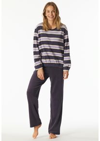 Schlafanzug Schiesser "Casual Essentials", Damen, Gr. 50, indigo, Frottee, Obermaterial: 80% Baumwolle, 20% Polyester, lang, Rundhals, Homewear-Sets Schlafanzug, Rundhalsausschnitt, w&auml;rmende Frottee-Qualit&auml;t, lang&auml;rmelig