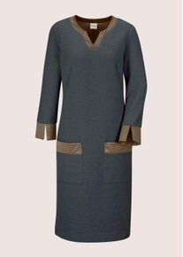 Madeleine Mode Sommerkleid MADELEINE "Etuikleid Elegantes Kleid mit Lederakzenten", Damen, Gr. 34, N-Gr, nebelblau, cappuccino, Modern, V-Ausschnitt, Kleider Sommerkleid, Aufgesetzte Taschen