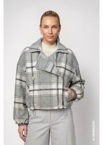Blouson monari "Jacke Karo", Damen, Gr. 34, grau (hellgrau gem), Web, Obermaterial: 100% Polyester. B&uuml;ndchen: 55% Polyacryl, 45% Baumwolle. Futter: 100% Polyester, kariert, regular fit taillenbedeckt, V-Ausschnitt, eingesetzt gerader Abschluss mit Kordelzug, Jacken Blouson, Regular fit mit Reverskragen