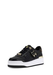 Plateausneaker Guess "MAGGNET", Damen, Gr. 38, Textil, schwarz, Lederimitat, Schuhe Plateausneaker, Freizeitschuh, Halbschuh, Schn&uuml;rschuh mit edlen Schmuckakzenten