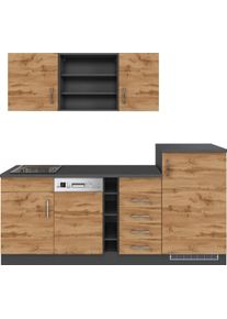K&uuml;che KOCHSTATION "KS-Mali", braun (k&uuml;che: natur, front: wotaneiche, korpus: grau, arbeitsplatte: anthrazit), B:210cm H:200cm T:60cm, Komplettk&uuml;chen-Sets, K&uuml;che, Breite 210 cm, mit E-Ger&auml;ten