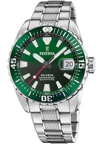 Taucheruhr Festina "The Originals/Diver", silber (silberfarben, gr&uuml;n, schwarz, gr&uuml;n, schwarz), Armbanduhren, Herren, silberfarben-gr&uuml;n, Taucheruhr, Armbanduhr,Quarzuhr,Herrenuhr,bis 20 bar wasserdicht, Edelstahlarmband