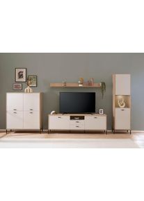 Wohnwand Home Affaire "Fredericia, moderne Anbauwand, Komplettset in Kaschmir", beige (eiche cremona toro, kaschmir), Kastenm&ouml;bel-Sets, B/H/T: 384cmcm x 206cmcm x 40cmcm, Holzwerkstoff, Wohnwand, enth&auml;lt Vitrine, Lowboard, Highboard und Wandboard, 384 cm breit, B:384cm H:206cm T:40cm