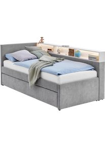 Meise M&ouml;bel Kinderbett MEISE.M&Ouml;BEL "UNO, Polsterbett wahlweise mit Tandemliege oder Stauraum-Schublade", grau (grau, grau, grau), B:142cm H:91cm L:210cm, Bezug: 100% Polyester;Regal: MDF foliert, Betten, Kinderbett, Liegefl&auml;che 90x200, 120x200, 140x200cm