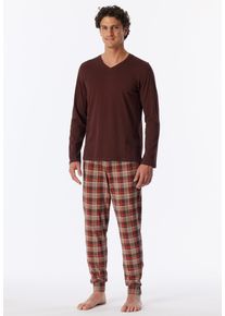 Schlafanzug Schiesser "Casual Essentials", Herren, Gr. 48, wei&szlig; (328, braun), Single Jersey, Obermaterial: 100% Baumwolle, bequem lang, V-Ausschnitt, Homewear-Sets Schlafanzug, mit bequemen B&uuml;ndchen