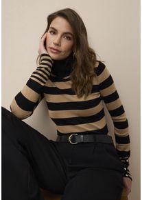Rollkragenpullover Tamaris "mit figurbetonter Passform, aus angenehmer Viskosemischung", Damen, Gr. 48, braun (schwarz, camel gestreift), Feinstrick, Obermaterial: 70% Viskose, 30% Polyamid, gestreift, figurbetont, Pullover Rollkragenpullover, im l&auml;ssigen Streifendesign