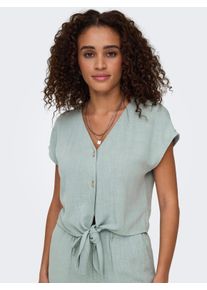 Kurzarmbluse Only "ONLSIESTA SS KNOT LIN BL SHIRT PNT NOOS", Damen, Gr. XL, gr&uuml;n (abyss), Web, Obermaterial: 80% Viskose, 20% Leinen, unifarben, regular fit kurz, V-Ausschnitt, Blusen Kurzarmbluse, Viskosemischung, regular fit