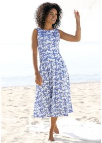 Midikleid BEACHTIME BY LASCANA "mit ausgestelltem Rockteil mit Blumendruck, Jerseykleid", Damen, Gr. 46, N-Gr, blau (blau, creme bedruckt), Jersey, Obermaterial: 60% Viskose, 35% Polyester, 5% Elasthan, bedruckt, gebl&uuml;mt, figurumspielend ca. Mitte Wade, Rundhals, Kleider Midikleid, Elegantes Sommerkleid, Druckkleid, A-Linien-Kleid, casual-chic