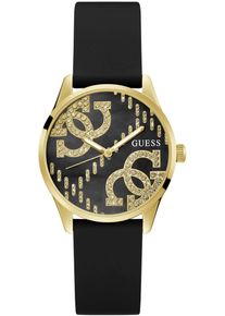 Quarzuhr Guess "G STITCH", schwarz (schwarz, schwarz), Armbanduhren, Damen, gelbgoldfarben, Quarzuhr, Armbanduhr, Damenuhr, Silikonarmband, Mineralglas, analog