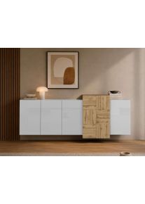 Sideboard OTTO HOME "Lowboard NEXOS,Lowboard,TV-Kommode,TV-M&ouml;bel,TV-Bank", wei&szlig; hochglanz lackiert, eiche wotan, B:210cm H:75cm T:40cm, Sideboards, Sideboard, Mit 5 Dreht&uuml;ren, 8 geschlossenen F&auml;chern, reversibel, B. 210 cm