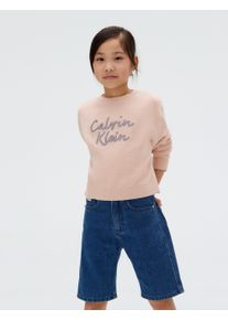 Rundhalspullover Calvin Klein Jeans "LOGO METALLIC INTERSIA", M&auml;dchen, Gr. 4 (104), rosa (spanish villa), Strick, Obermaterial: 100% Baumwolle, unifarben, regular fit h&uuml;ftlang, Rundhals, B&uuml;ndchen, Pullover Rundhalspullover, f&uuml;r Kinder bis 16 Jahre, gro&szlig;e Stickerei