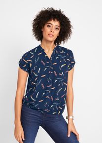 Kurzarmbluse bonprix, Damen, Gr. 48, blau (dunkelblau gemustert), Web, Obermaterial: 100% Viskose, bedruckt, loose fit h&uuml;ftlang, V-Ausschnitt, mit Knopf,mit Riegel, Blusen Kurzarmbluse, lockere Passform, aus Viskose, kleines Riegel-Detail am &Auml;rmel
