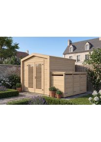 Gartenhaus Weka "Killarney", beige (naturbelassen), ohne Fu&szlig;boden, ohne Dacheindeckung, Massivholz, Gartenh&auml;user, Gartenhaus, Doppelt&uuml;r mit Lamellen, inkl. 3er M&uuml;lltonnenbox