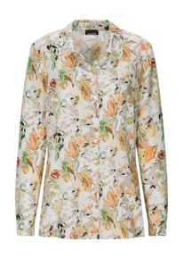 Hemdbluse GOLDNER "Viskosebluse mit floralem Muster", Damen, Gr. 50, bunt (beige, pfirsich, gemustert), Obermaterial: 100% Viskose CV., figurumspielend, Blusen Hemdbluse, Schlitze an der seitennaht