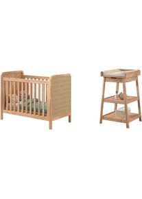 Babym&ouml;bel-Set Vipack "Woods best. aus Babybett 60x120 cm und Wickelregal", braun (eiche natur), B:128cm, Holz teilmassiv, Schlafzimmerm&ouml;bel-Sets, Babym&ouml;bel-Set, ger&auml;umige Ablagefl&auml;cher, Bett wahlweise mit Rattan oder Boucl&eacute; Optik