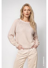 Strickpullover monari "Pullover Schmuckverlauf", Damen, Gr. 36, cr&egrave;me br&ucirc;l&eacute;e, Strick, Obermaterial: 100% Baumwolle, unifarben, regular fit taillenbedeckt, Rundhals, Raglan&auml;rmel Rippb&uuml;ndchen, Pullover Strickpullover, Regular fit mit Strasssteinen