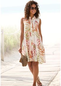 Hemdblusenkleid Lascana "mit Alloverprint und Volants", Damen, Gr. 34, N-Gr, ohne &Auml;rmel, Web, orange (sand, orange bedruckt), Web, Obermaterial: 100% Viskose, bedruckt, figurumspielend knieumspielend, hoch geschlossener Ausschnitt, Kleider Hemdblusenkleid, &auml;rmelloses Sommerkleid, Strandkleid, Webkleid, Tunikakleid