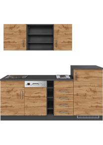 K&uuml;che KOCHSTATION "KS-Mali", braun (k&uuml;che: natur, front: wotaneiche, korpus: grau, arbeitsplatte: anthrazit), B:210cm H:200cm T:60cm, Komplettk&uuml;chen-Sets, K&uuml;che, Breite 210 cm, mit E-Ger&auml;ten
