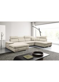 Wohnlandschaft WERK2 "Cordoba inkl. Bett & Bettkasten, Kopfteilverstellung, zeitlos, bequem", beige, B:359cm H:86cm T:232cm, Sofas, Wohnlandschaft, Struktur, U-Form, XXL, Schlaffunktion, Bettkasten
