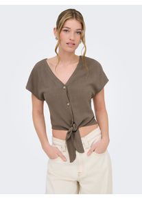 Kurzarmbluse Only "ONLSIESTA SS KNOT LIN BL SHIRT PNT NOOS", Damen, Gr. M, braun (walnut), Web, Obermaterial: 80% Viskose, 20% Leinen, unifarben, regular fit kurz, V-Ausschnitt, Blusen Kurzarmbluse, Viskosemischung, regular fit