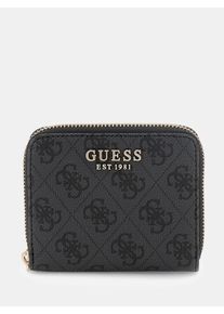 Geldb&ouml;rse Guess "LAUREL II SLG SMALL ZIP AROUND", Damen, schwarz (dunkelgrau), Textil, bedruckt, Kleinlederwaren Geldb&ouml;rse, Damen Geldbeutel, Portemonnaie mit umlaufendem Rei&szlig;verschluss