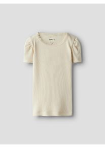 Kurzarmshirt name it "NMFKAB TOP NOOS", M&auml;dchen, Gr. 92, beige (summer sand (blank)), Jersey, Obermaterial: 57% Baumwolle, 38% Modal, 5% Elasthan, unifarben, regular fit normal, Rundhals, Puff&auml;rmel abgesteppte Kante, Shirts Kurzarmshirt, Baumwollmischung, Spitze, Puff&auml;rmel