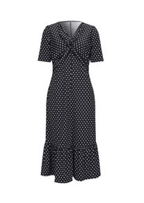 Shirtkleid SIEH AN "Jersey-Kleid Shirtkleid mit Volant am Saum", Damen, Gr. 4, Normalgr&ouml;&szlig;en, schwarz-wei&szlig; (schwarz, wei&szlig;, getupft), Modisch, V-Ausschnitt, Kleider Shirtkleid, mit geknotetem Ausschnitt