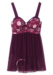 Tankini sheego by Joe Browns "Badekleid Badekleid mit Mesh-Rock", Damen, Gr. 44, Cup C, lila (beere, gemustert), Elegant, Bikini-Sets Tankini