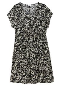 Sommerkleid sheego "Sommerkleid Sommerkleid mit Smokbund und weitem Rock", Damen, Gr. 48, N-Gr, schwarz-wei&szlig; (schwarz bedruckt), Modisch, V-Ausschnitt, Kleider Sommerkleid, mit Smokbund und weitem Rock